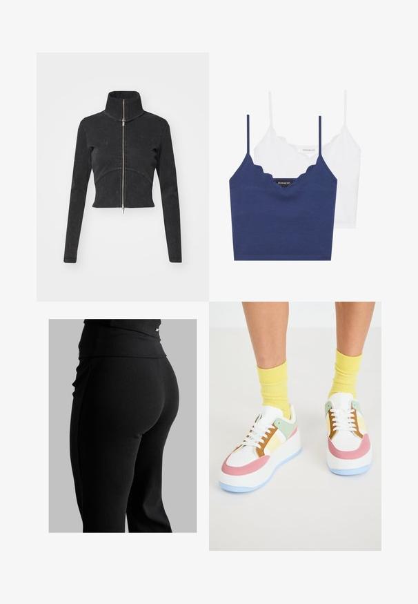 Zkrátená čierna denimová bunda s vysokým golierom, plným zipsom a dlhými rukávmi. Obsahuje zakrivený ševový dizajn a jemnú textúru.; Námornícka a biela bavlnená podprsenka s okrajom s vlnkami, tenkými nastaviteľnými ramienkami a priliehavým strihom. Logo štítok na vnútornej strane námorníckeho kúsku.; Čierne rebrované legíny s vysokým pásom, priliehavým strihom a hladkou textúrou. Obsahujú jemný detail so zapínaním na páse.; Biele tenisky s pastelovými akcentmi v mätovej, ružovej a žltej farbe. Majú hrubú podrážku, perforovanú špičku a kontrastné šnúrky.