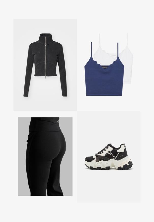 Kappet svart denimjakke med høy krage, hel glidelås og lange ermer. Har buet sømdesign og subtil tekstur.; Marineblå og hvit bomull brystholder-sett med scallop-kant, tynne justerbare stropper og en kroppsnær passform. Logomerke på innsiden av den marineblå delen.; Svarte ribbede leggings med høy midje, tilpasset fasong og glatt tekstur. Inkluderer diskret hardware-detalj på midjebåndet.; Kraftige sneakers med svart mesh-overdel, hvite syntetiske detaljer og en tykk hvit såle med svart gummimønster.