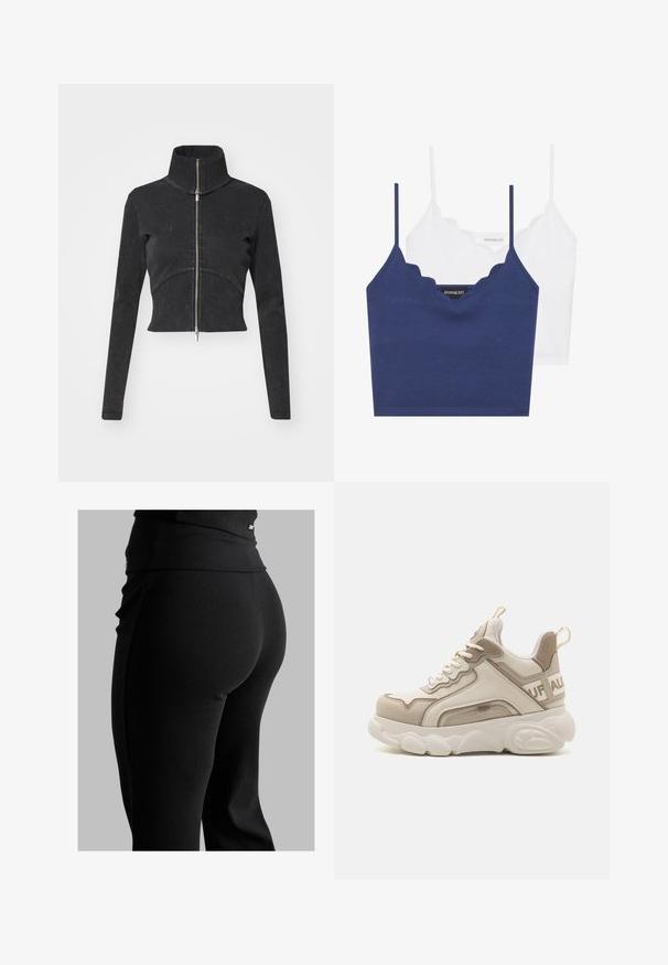 Giacca in denim nero tagliata con colletto alto, zip intera e maniche lunghe. Presenta un design a cucitura curva e una texture sottile.; Set di bralette in cotone navy e bianco con scollo a scallop, spalline sottili e design aderente. Etichetta con logo sul lato interno del pezzo navy.; Leggings neri a coste con vita alta, forma aderente e texture liscia. Include un sottile dettaglio in metallo sulla vita.; Buffalo CHAI - Sneakers basse - beige/cream