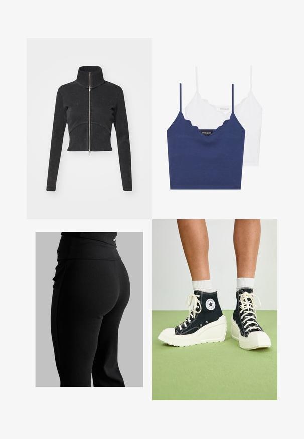 Cropped black denim jacket with a high collar, full zipper, and long sleeves. Features a curved seam design and subtle texture.; Navy and white cotton bralette set with scalloped neckline, thin adjustable straps, and a fitted design. Logo tag on inner side of the navy piece.; Black ribbed leggings featuring a high waistband, form-fitting shape, and smooth texture. Includes subtle hardware detail on waistband.; Black high-top sneakers with a raised white platform sole, featuring white laces and a round logo patch on the side. Textured canvas material.