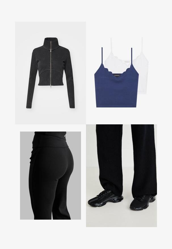Giacca in denim nero tagliata con colletto alto, zip intera e maniche lunghe. Presenta un design a cucitura curva e una texture sottile.; Set di bralette in cotone navy e bianco con scollo a scallop, spalline sottili e design aderente. Etichetta con logo sul lato interno del pezzo navy.; Leggings neri a coste con vita alta, forma aderente e texture liscia. Include un sottile dettaglio in metallo sulla vita.; Sneaker nere con tomaia in maglia testurizzata, forma elegante e suola nera lucida, dotate di sottili dettagli riflettenti e design con lacci.