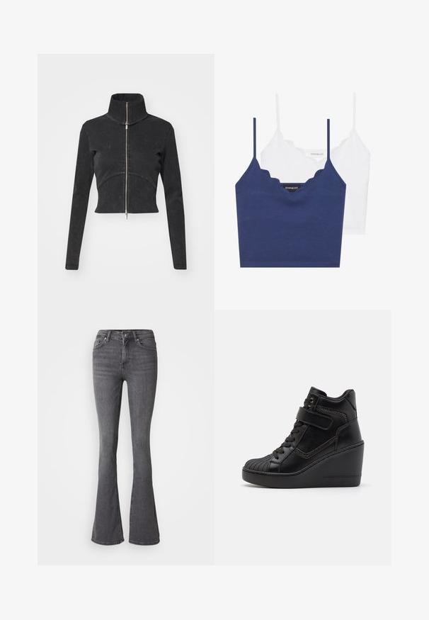 Izgriezta melna džinsu jaka ar augstu apkakli, pilnu rāvējslēdzēju un garām piedurknēm. Iezīmējas ar izliekto šuvju dizainu un smalku tekstūru.; Jūras spēku un baltā kokvilnas bralete ar viļņotu dekoltē, plānām regulējamām siksnām un pieguļošu dizainu. Zīmola birka ir uz iekšējās puses jūras spēku krāsā.; Gaišas flared džinsi ar augsto jostasvietu, pogu aizdari, piecām kabatām un izteiksmīgām šuvēm. Izgatavoti no denima ar gludu tekstūru.; Melni augstie vīriešu čības ar platformu, izgatavotas no gludas ādas, ar šņorējamu priekšpusi, regulējamu siksniņu un dekoratīviem rāvējslēdzēju akcentiem.