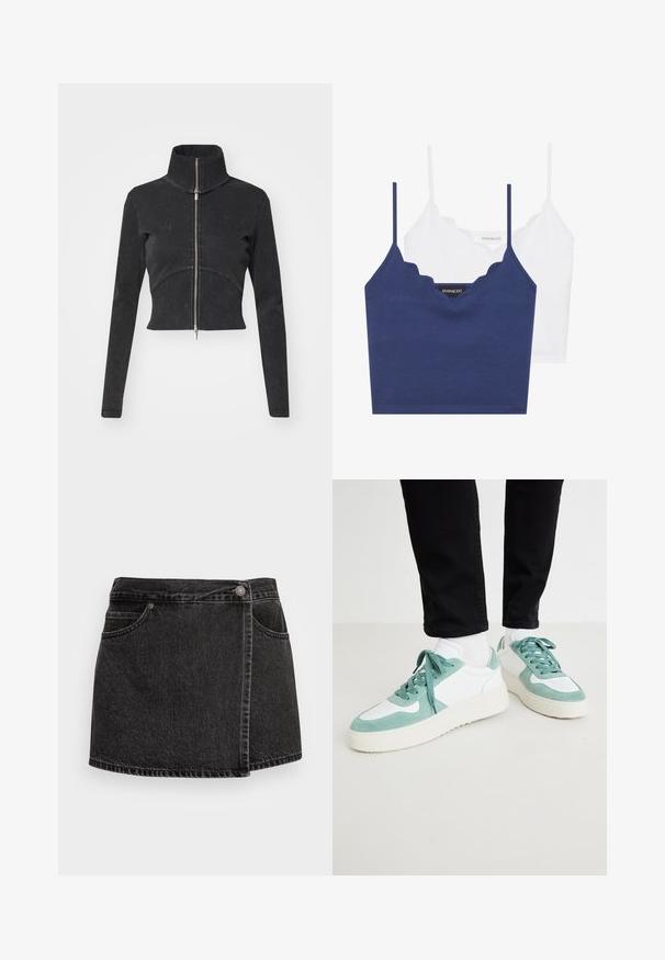 Geschnittene schwarze Jeansjacke mit hohem Kragen, vollem Reißverschluss und langen Ärmeln. Verfügt über ein gewelltes Nahtdesign und subtile Textur.; Marineblaues und weißes Baumwoll-Bralette-Set mit gewelltem Ausschnitt, dünnen verstellbaren Trägern und tailliertem Design. Logotag auf der Innenseite des marineblauen Teils.; Schwarzer Denim-Minirock mit leicht ausgefranstem Saum, zwei vorderen Taschen und einem silbernen Knopfverschluss. Mit einem seitlichen Wickeldesign.; Hellmintgrüne und weiße Sneakers aus Wildleder und Mesh-Materialien, mit einer strukturierten Sohle und passenden Schnürsenkeln. Mit perforierten Details akzentuiert.