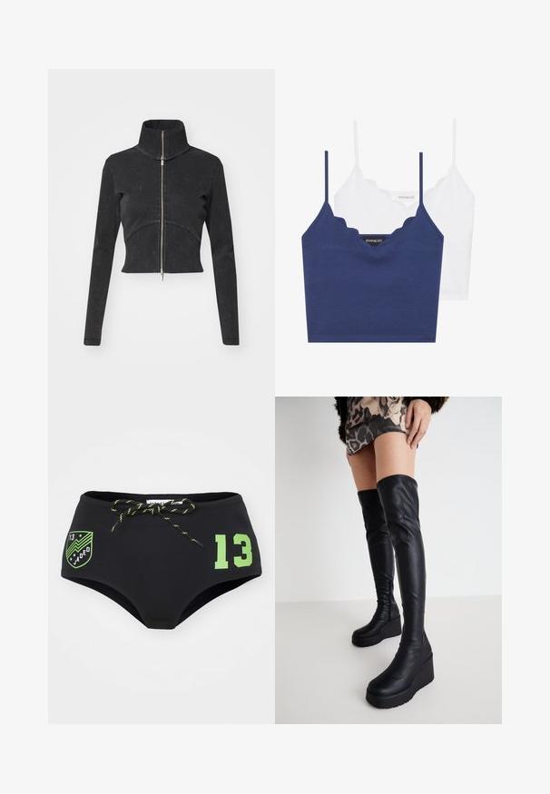 Geknipte zwarte denimjasje met hoge kraag, volledige rits en lange mouwen. Bevat een gebogen naadontwerp en subtiele textuur.; Navy en witte katoenen bralette set met een scalloped halslijn, dunne verstelbare bandjes en een aansluitend ontwerp. Logo label aan de binnenzijde van het navy stuk.; Zwart badpak met een hoge taille, voorzien van een neon groene accenten logo en het nummer "13", en een bijpassend trekkoord voor verstelbaarheid.; Even&Odd Wide Fit WIDE - Plateaulaarzen - black