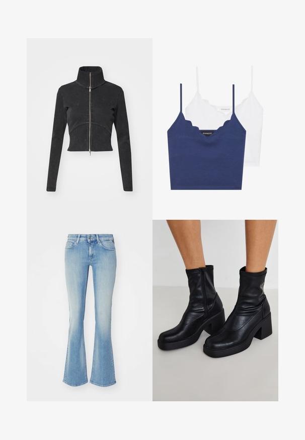 Jaqueta de denim preta cortada com colarinho alto, fecho de correia completo e mangas longas. Apresenta um design de costura curva e uma textura sutil.; Conjunto de bralette em algodão azul-marinho e branco com decote rendado, alças finas ajustáveis e um design ajustado. Etiqueta com logótipo no lado interno da peça azul-marinha.; Jeans claros em azul claro, em denim desbotado, com cinco bolsos, fecho de correr e passadores para cinto. O tecido tem um acabamento suave e ligeiramente texturizado.; Botas de tornozelo em couro preto com um salto bloco alto, apresentando um fecho lateral, textura suave e um design com bico afilado.
