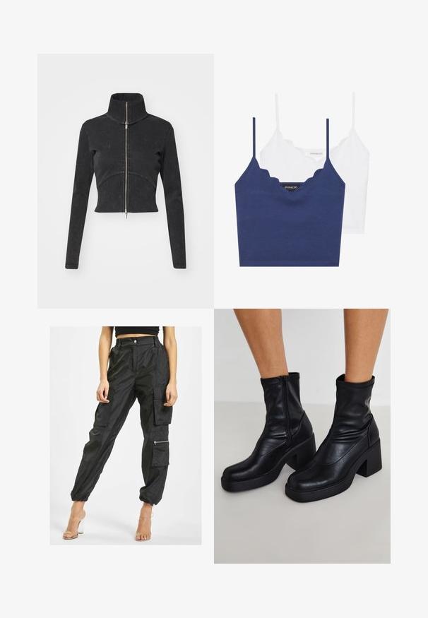 Kappet svart denimjakke med høy krage, hel glidelås og lange ermer. Har buet sømdesign og subtil tekstur.; Marineblå og hvit bomull brystholder-sett med scallop-kant, tynne justerbare stropper og en kroppsnær passform. Logomerke på innsiden av den marineblå delen.; Svart cargo-bukser laget av lett materiale har flere lommer, elastiske mansjetter og en glidelåslomme på siden for ekstra funksjonalitet.; Sorte lær ankle støvler med en høj blokhæl, med en sidelukning, glat tekstur og en spids tådesign.