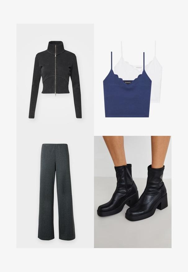 Izgriezta melna džinsu jaka ar augstu apkakli, pilnu rāvējslēdzēju un garām piedurknēm. Iezīmējas ar izliekto šuvju dizainu un smalku tekstūru.; Jūras spēku un baltā kokvilnas bralete ar viļņotu dekoltē, plānām regulējamām siksnām un pieguļošu dizainu. Zīmola birka ir uz iekšējās puses jūras spēku krāsā.; Platas kājas bikses tumši pelēkā tvidā. Iezīmes: sānu šķēlumi apakšmalā un elastīgs jostasvīrs, nodrošinot brīvu piegriezumu.; Melni ādas potītes zābaki ar augstu blokveida papēdi, ar sānu rāvējslēdzēju, gludu tekstūru un sašaurinātu purngalu.