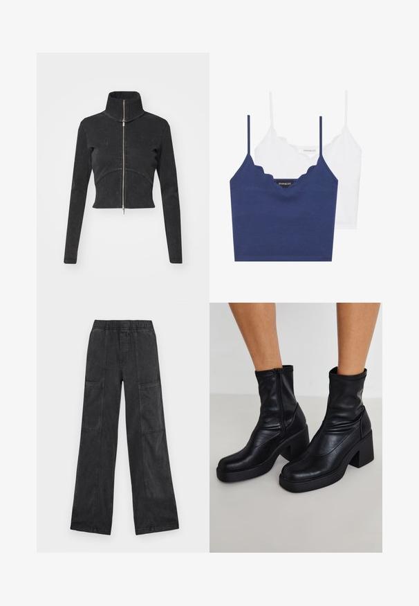Cropped black denim jacket with a high collar, full zipper, and long sleeves. Features a curved seam design and subtle texture.; Navy and white cotton bralette set with scalloped neckline, thin adjustable straps, and a fitted design. Logo tag on inner side of the navy piece.; Black wide-leg pants made from denim with an elastic waistband and multiple exterior pockets for utility. Smooth texture and straight cut.; Black leather ankle boots with a high block heel, featuring a side zipper, smooth texture, and a tapered toe design.