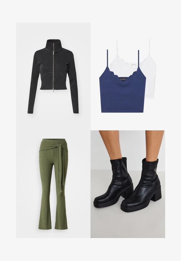 Cropperet sort denimjakke med høj krave, fuld lynlås og lange ærmer. Har en buet sømdesign og subtile teksturer.; Navy og hvidt bomulds-bralette sæt med bølgende udskæring, tynde justerbare stropper og tætsiddende design. Logomærke på indersiden af den marineblå del.; Olivenfarvede bukser i et blødt stof med en bred bukseben design. Har en karakteristisk knude detalje i høj talje.; Sorte læder ankelstøvler med en høj blokhæl, der har en sidelukning, glat overflade og en spidse tå-design.