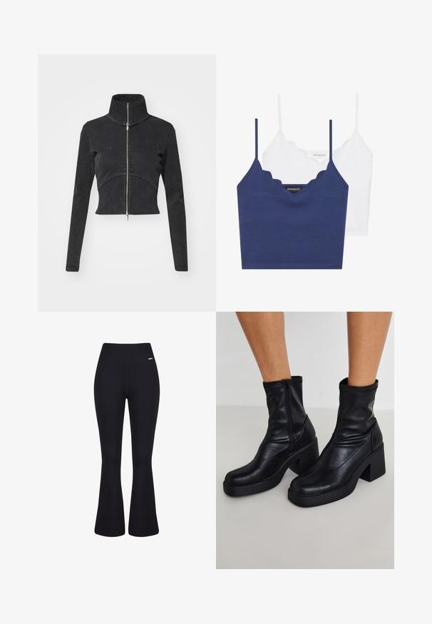 Chaqueta de denim negro cortada con cuello alto, cremallera completa y mangas largas. Presenta un diseño de costura curvada y una textura sutil.; Conjunto de bralette de algodón en navy y blanco con escote en forma de ondas, tirantes delgados ajustables y un diseño ajustado. Etiqueta de logo en el lado interior de la pieza navy.; Pantalones acampanados negros de canalé con una cinturilla alta. Textura suave y silueta ajustada que se estrecha hacia las rodillas antes de abrirse.; Botas de tobillo de cuero negro con un alto tacón cuadrado, con cremallera lateral, textura suave y diseño de punta afinada.
