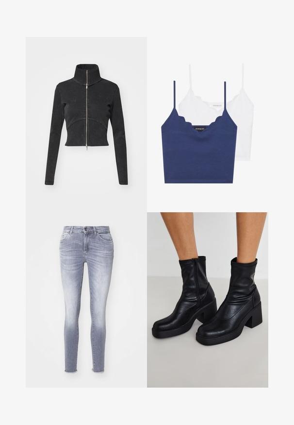 Jachetă din denim negru, tăiată, cu guler înalt, fermoar complet și mâneci lungi. Oferă un design cu cusături curbe și o textură subtilă.; Set de bralette din bumbac navy și alb cu decolteu zimțat, bretele subțiri reglabile și un design ajustat. Etichetă cu logo pe partea interioară a piesei navy.; Jeans skinny din denim albastru deschis, cu un aspect decolorat, cinci buzunare și o margine destrămată. Detalii subtile de cusătură pe tot parcursul.; Cizme negre din piele până la glezne cu un toc înalt, de tip bloc, dotate cu un fermoar lateral, textura netedă și un design cu vârf înclinat.