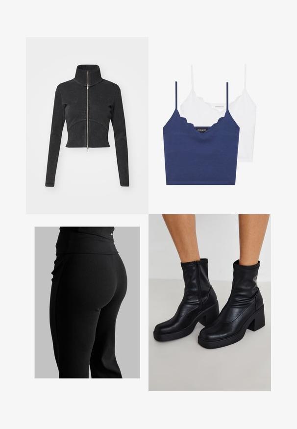 Kappet svart denimjakke med høy krage, hel glidelås og lange ermer. Har buet sømdesign og subtil tekstur.; Marineblå og hvit bomull brystholder-sett med scallop-kant, tynne justerbare stropper og en kroppsnær passform. Logomerke på innsiden av den marineblå delen.; Svarte ribbede leggings med høy midje, tilpasset fasong og glatt tekstur. Inkluderer diskret hardware-detalj på midjebåndet.; Sorte lær ankle støvler med en høj blokhæl, med en sidelukning, glat tekstur og en spids tådesign.