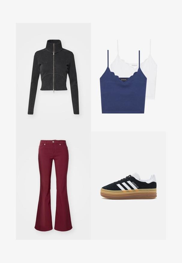 Skrajšana črna denim jakna z visokim ovratnikom, polnim zadrgo in dolgimi rokavi. Ima oblikovan šiv in subtilno teksturo.; Mornarsko modra in bela bombažna modra braletka z valovitim dekoltejem, tankimi nastavljivimi naramnicami in prilegajočim dizajnom. Oznaka z logotipom na notranji strani mornarsko modrega kosa.; Burgundske zvonaste kavbojke z gladko teksturo, petimi žepi in gumbom za zapiranje v pasu. Imajo oprijet pas in široke noge.; Črne semiš superge z belimi detajli in tremi črtami, ki imajo strukturo bele pete, gumijast podplat in blagovno znamko "Gazelle".