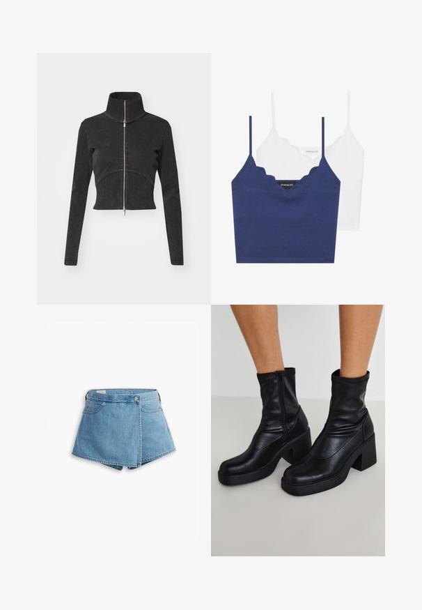 Izgriezta melna džinsu jaka ar augstu apkakli, pilnu rāvējslēdzēju un garām piedurknēm. Iezīmējas ar izliekto šuvju dizainu un smalku tekstūru.; Jūras spēku un baltā kokvilnas bralete ar viļņotu dekoltē, plānām regulējamām siksnām un pieguļošu dizainu. Zīmola birka ir uz iekšējās puses jūras spēku krāsā.; Gaiši zili džinsu šorti ar aptverošu dizainu, priekšējām kabatām un metāla pogu aizdari. Gluda tekstūra ar izšūtām malām.; Melni ādas potītes zābaki ar augstu blokveida papēdi, ar sānu rāvējslēdzēju, gludu tekstūru un sašaurinātu purngalu.