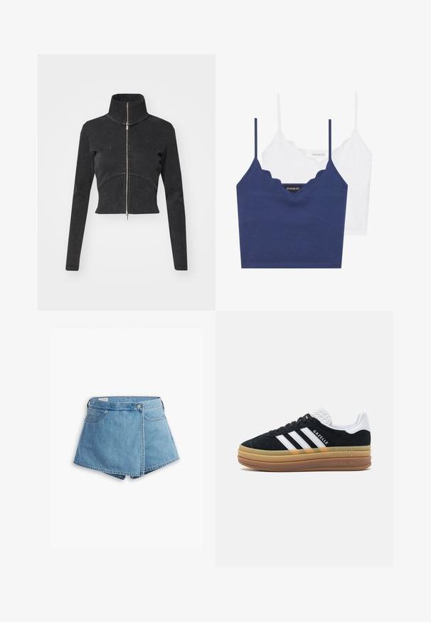 Chaqueta de denim negro cortada con cuello alto, cremallera completa y mangas largas. Presenta un diseño de costura curvada y una textura sutil.; Conjunto de bralette de algodón en navy y blanco con escote en forma de ondas, tirantes delgados ajustables y un diseño ajustado. Etiqueta de logo en el lado interior de la pieza navy.; Pantalones cortos de denim en azul claro, con un diseño envolvente, bolsillos frontales y un cierre de botón de metal. Textura suave con bordes cosidos.; Zapatilla de ante negra con acentos blancos y tres rayas, que cuenta con un talón blanco texturizado, suela de goma y la marca "Gazelle".