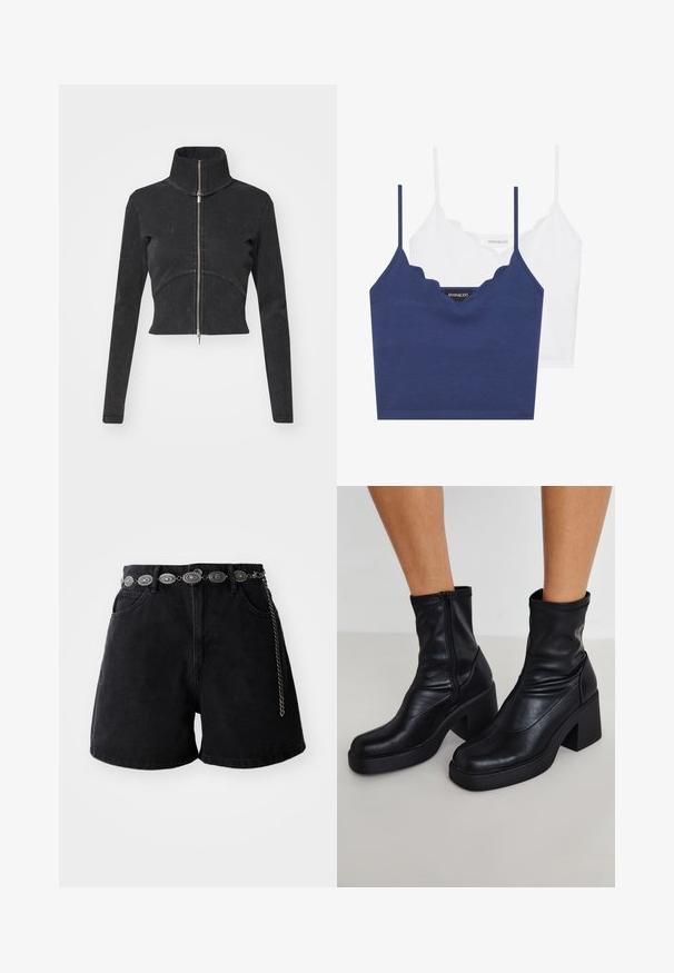 Izgriezta melna džinsu jaka ar augstu apkakli, pilnu rāvējslēdzēju un garām piedurknēm. Iezīmējas ar izliekto šuvju dizainu un smalku tekstūru.; Jūras spēku un baltā kokvilnas bralete ar viļņotu dekoltē, plānām regulējamām siksnām un pieguļošu dizainu. Zīmola birka ir uz iekšējās puses jūras spēku krāsā.; Melni džinsi šorti ar augstu jostasvietu, priekšējām kabatām un dekoratīvu sudraba ķēdes jostu ar ovālajām akcentiem. Gluda tekstūra.; Melni ādas potītes zābaki ar augstu blokveida papēdi, ar sānu rāvējslēdzēju, gludu tekstūru un sašaurinātu purngalu.