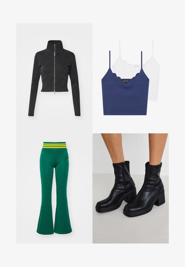 Jaqueta de denim preta cortada com colarinho alto, fecho de correia completo e mangas longas. Apresenta um design de costura curva e uma textura sutil.; Conjunto de bralette em algodão azul-marinho e branco com decote rendado, alças finas ajustáveis e um design ajustado. Etiqueta com logótipo no lado interno da peça azul-marinha.; Leggings verdes largas com tecido elástico, apresentando uma cintura com riscas amarelas e brancas. Textura suave, ajustadas pelos quadris, largas na bainha.; Botas de tornozelo em couro preto com um salto bloco alto, apresentando um fecho lateral, textura suave e um design com bico afilado.