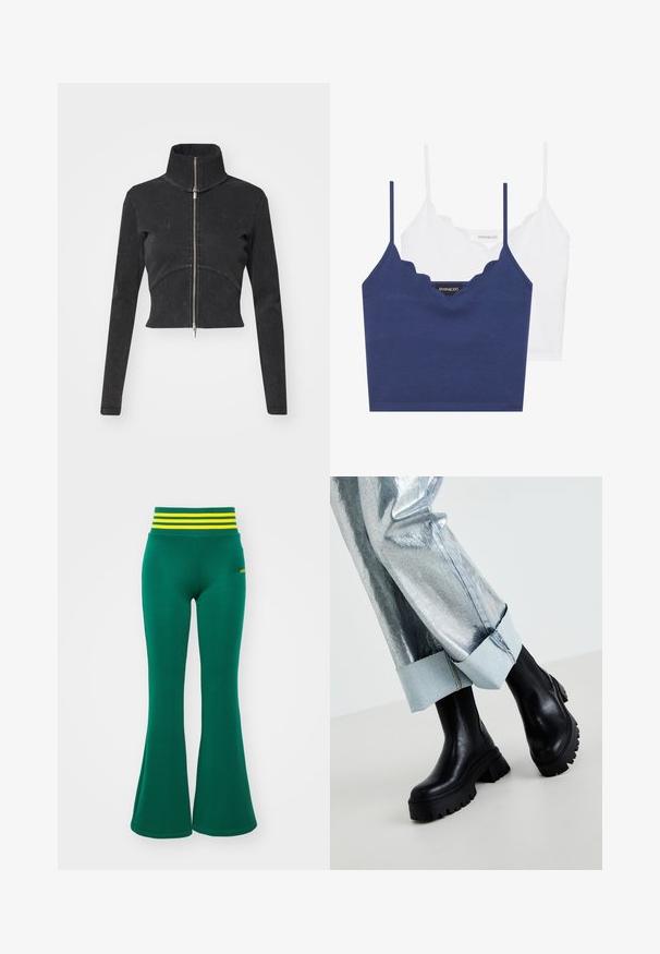 Lühendatud must denimpusa kõrge kraega, täispikkuse tõmblukuga ja pikkade varrukatega. Omab kõverat õmbluse disaini ja peent tekstuuri.; Sinine ja valge puuvillane rinnahoidja komplekt, millel on laineline kaelus, õhukesed reguleeritavad rihmad ja istuv disain. Logo silt sinise detaili sisepinnal.; Rohelised laiad leggingud venivast kangast, millel on kollane ja valge triibuline vöökoht. Sile tekstuur, puusadel väljas, lai allääres.; Mustad musta värvi pahkluu saapad, millel on tekstuuriga tallad, kantud hõbedast metallik коттаў pükstega, millel on helesinine äär. Minimalistlik disain, elegantne materjal.