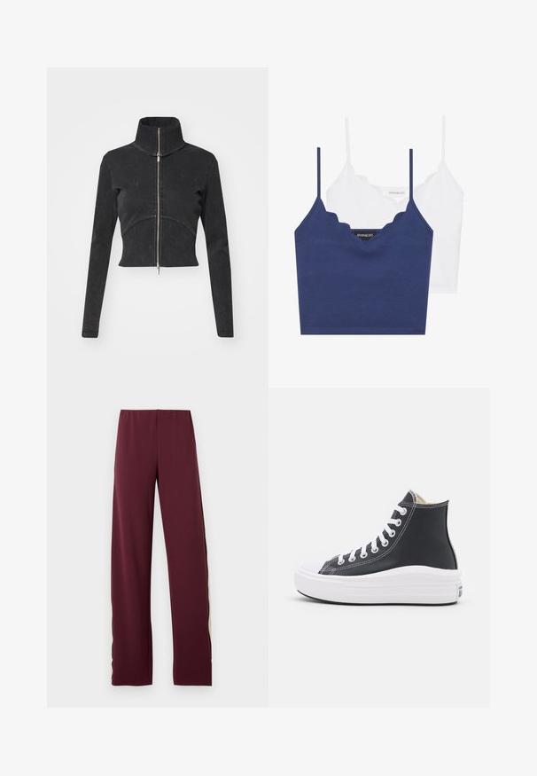 Jachetă din denim negru, tăiată, cu guler înalt, fermoar complet și mâneci lungi. Oferă un design cu cusături curbe și o textură subtilă.; Set de bralette din bumbac navy și alb cu decolteu zimțat, bretele subțiri reglabile și un design ajustat. Etichetă cu logo pe partea interioară a piesei navy.; Pantaloni atletici vișinii cu talie elastică, având o dungi laterală contrastantă în verde măsliniu, design cu picior drept și textură netedă.; Încălțăminte sport înaltă neagră cu șireturi albe și talpă din cauciuc. Prezintă o textură din piele netedă și accente de cusături albe.