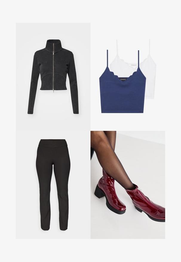 Giacca in denim nero tagliata con colletto alto, zip intera e maniche lunghe. Presenta un design a cucitura curva e una texture sottile.; Set di bralette in cotone navy e bianco con scollo a scallop, spalline sottili e design aderente. Etichetta con logo sul lato interno del pezzo navy.; Pantaloni neri slim-fit realizzati in materiale elastico. Presentano un'alta vita e un design a gamba dritta, con una texture liscia e senza motivi visibili.; Stivaletti alla caviglia in pelle verniciata rossa con tacco spesso nero e dettaglio con cerniera. Texture liscia, design elegante con punta arrotondata.