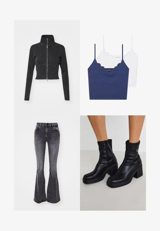 Lühendatud must denimpusa kõrge kraega, täispikkuse tõmblukuga ja pikkade varrukatega. Omab kõverat õmbluse disaini ja peent tekstuuri.; Sinine ja valge puuvillane rinnahoidja komplekt, millel on laineline kaelus, õhukesed reguleeritavad rihmad ja istuv disain. Logo silt sinise detaili sisepinnal.; Hallid flared teksad, mis on valmistatud denimist, kõrge vöökoha, kahe eespool oleva tasku ja iga jala põhjas oleva lõhega. Tooravärvi servad.; Mustad mustad nahast jalatsis dõst üheste plokkniski, külje lukuga, sileda tekstuuri ja kitseneva varbaga disainiga.