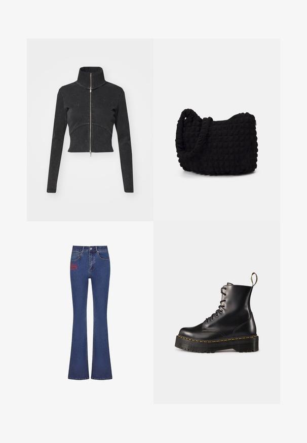 Cropped black denim jacket with a high collar, full zipper, and long sleeves. Features a curved seam design and subtle texture.; Navy and white cotton bralette set with scalloped neckline, thin adjustable straps, and a fitted design. Logo tag on inner side of the navy piece.; Dark blue flared jeans with high waist, featuring a red embroidered logo on the front, made of denim with a smooth texture.; Black leather lace-up ankle boots with a chunky black sole and yellow stitching. Features a pull tab at the back and circular metal eyelets.; Black fabric bag with a textured, quilted pattern. Rounded shape, short, thick handles, and a soft, flexible structure.