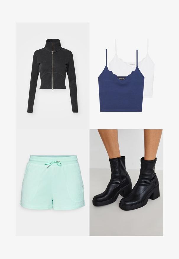 Cropped black denim jacket with a high collar, full zipper, and long sleeves. Features a curved seam design and subtle texture.; Navy and white cotton bralette set with scalloped neckline, thin adjustable straps, and a fitted design. Logo tag on inner side of the navy piece.; Mint green shorts made of soft material, featuring a drawstring waist, two side pockets, and subtle stitching details.; Black leather ankle boots with a high block heel, featuring a side zipper, smooth texture, and a tapered toe design.
