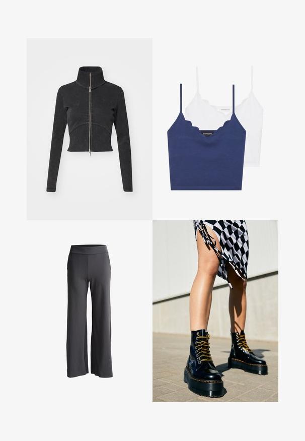 Lyhyeksi leikattu musta farkkutakki, jossa on korkea kaulus, täysipitkä vetoketju ja pitkät hihat. Siinä on kaareva saumakuviointi ja hienovarainen tekstuuri.; Navy ja valge puuvillane bralette komplekt, millel on laineline kaelus, õhukesed reguleeritavad rihmad ja istuv disain. Logo silt on tumeda tükki sisepinnal.; Housut leveällä lahkeella tummanharmaasta pehmeästä kankaasta. Korkea elastinen vyötärö ja sivutaskut lisäävät toiminnallisuutta.; Mustat nahkakengät, joissa on paksut pohjat, kultaiset nauhat ja oranssi ompelu, yhdistettynä ruutukuosiseseen hameeseen, jossa on sivuhalkio.