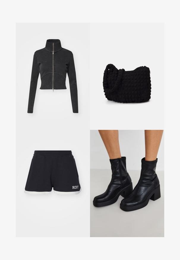Przycięta czarna kurtka dżinsowa z wysokim kołnierzem, pełnym zamkiem i długimi rękawami. Posiada krzywą linię szwu i subtelną fakturę.; Niebieski i biały bawełniany zestaw biustonosza z falbaniastym dekoltem, cienkimi regulowanymi ramiączkami oraz dopasowanym krojem. Metka z logo po wewnętrznej stronie niebieskiej części.; Czarne szorty z białym wykończeniem. Wykonane z miękkiego materiału, z elastycznym pasem i logo "ROXY" na dolnej stronie.; Czarne skórzane botki za kostkę na wysokim kwadratowym obcasie, z bocznym zamkiem błyskawicznym, gładką fakturą i zwężającym się czubkiem.; Czarna torba z materiału o fakturowanym, pikowanym wzorze. Owalny kształt, krótkie, grube rączki oraz miękka, elastyczna struktura.