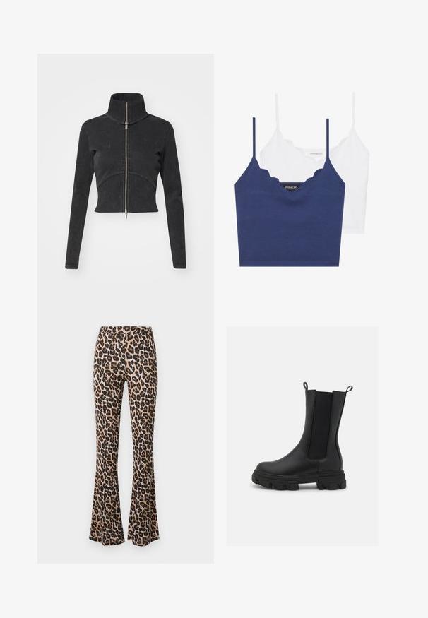 Cropped black denim jacket with a high collar, full zipper, and long sleeves. Features a curved seam design and subtle texture.; Navy and white cotton bralette set with scalloped neckline, thin adjustable straps, and a fitted design. Logo tag on inner side of the navy piece.; Leopard print flared pants in tan and black, made of soft fabric with a smooth texture, featuring a fitted waist and flared hem.; Black Chelsea boot made of leather and elastic fabric, featuring a chunky rubber sole with prominent tread and pull tabs for easy wear.
