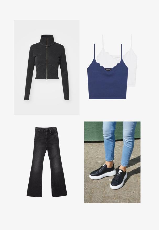 Geschnittene schwarze Jeansjacke mit hohem Kragen, vollem Reißverschluss und langen Ärmeln. Verfügt über ein gewelltes Nahtdesign und subtile Textur.; Marineblaues und weißes Baumwoll-Bralette-Set mit gewelltem Ausschnitt, dünnen verstellbaren Trägern und tailliertem Design. Logotag auf der Innenseite des marineblauen Teils.; Schwarze, ausgestellte Denim-Jeans mit rohem Saum, ausgestattet mit einem Fünf-Taschen-Design und einem Knopfverschluss. Hergestellt aus einem robusten, strukturierten Stoff.; Schwarze Ledersneaker mit weißen Gummisohlen, die eine glatte Oberfläche, eine abgerundete Spitze und flache Schnürsenkel aufweisen. Getragen mit hellblauen Jeans.