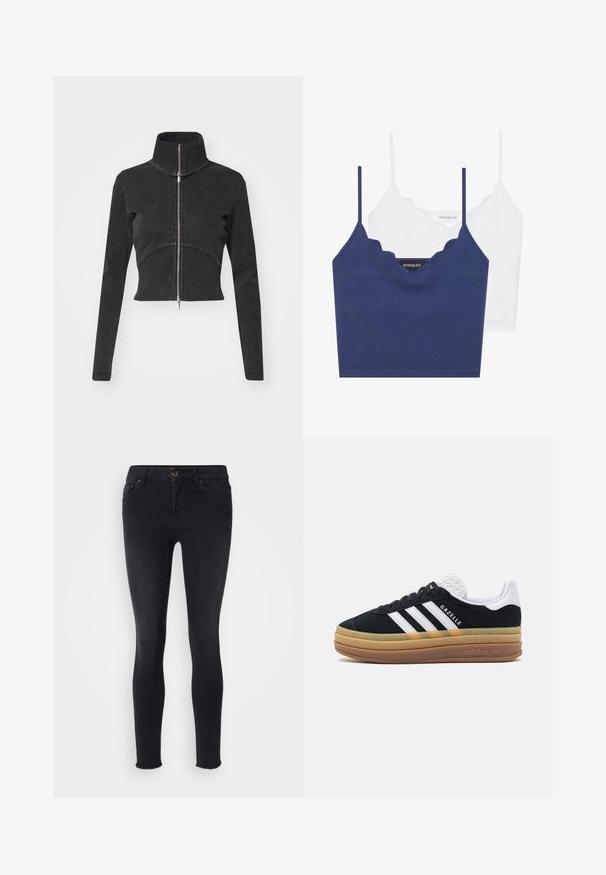 Jaqueta de denim preta cortada com colarinho alto, fecho de correia completo e mangas longas. Apresenta um design de costura curva e uma textura sutil.; Conjunto de bralette em algodão azul-marinho e branco com decote rendado, alças finas ajustáveis e um design ajustado. Etiqueta com logótipo no lado interno da peça azul-marinha.; Jeans skinny pretos em material de denim, com um cós médio, bolsos frontais e uma bainha desfiada nos tornozelos. Design clássico de cinco bolsas.; Sapatilha de camurça preta com detalhes brancos e três riscas, apresentando um calcanhar branco texturizado, sola de borracha e a marca "Gazelle".