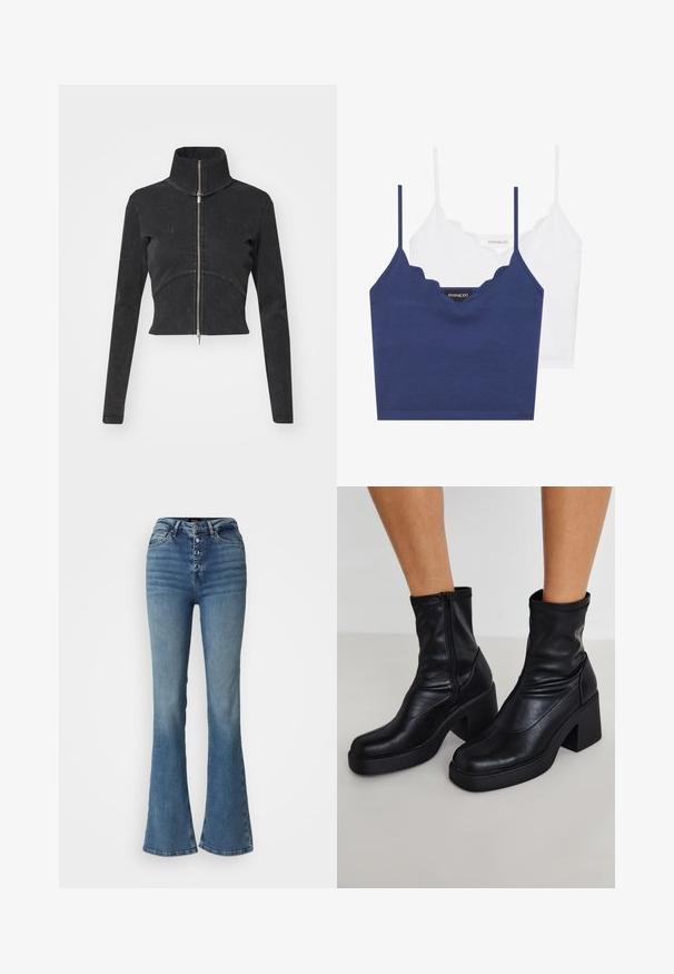 Jaqueta de denim preta cortada com colarinho alto, fecho de correia completo e mangas longas. Apresenta um design de costura curva e uma textura sutil.; Conjunto de bralette em algodão azul-marinho e branco com decote rendado, alças finas ajustáveis e um design ajustado. Etiqueta com logótipo no lado interno da peça azul-marinha.; Jeans azuis de cintura alta e boca de sino, feitos de denim, com fecho de botão com cinco botões, detalhes de desbotado e um corte justo nas coxas.; Botas de tornozelo em couro preto com um salto bloco alto, apresentando um fecho lateral, textura suave e um design com bico afilado.