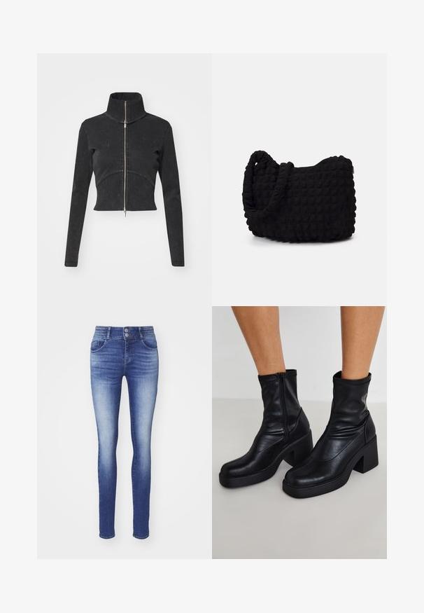 Rövidített fekete farmerdzseki magas gallérral, teljes cipzárral és hosszú ujjal. Ívelt varrásdizájn és finom textúra jellemzi.; Tengerészkék és fehér pamut melltartó szett fodrozott nyakkivágással, vékony állítható pántokkal és testhez simuló fazonnal. Logócímke a tengerészkék rész belső oldalán.; Sötétkék denim skinny farmer, kifakult mosással. Két elülső zsebe, magas deréka és dupla gombos záródása van.; Fekete bőr bokacsizma magas blokk sarkakkal, oldalsó cipzárral, sima textúrával és hegyes orrformával.; Fekete szövet táska texturált, steppelt mintával. Kerek formájú, rövid, vastag fogantyúkkal és puha, rugalmas szerkezettel.; Hét ezüst gyűrűből álló szett, különböző formákkal és szélességekkel, köztük csavart, összekapcsolt és gravírozott mintákkal.