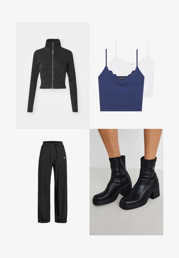 Lyhyeksi leikattu musta farkkutakki, jossa on korkea kaulus, täysipitkä vetoketju ja pitkät hihat. Siinä on kaareva saumakuviointi ja hienovarainen tekstuuri.; Navy ja valge puuvillane bralette komplekt, millel on laineline kaelus, õhukesed reguleeritavad rihmad ja istuv disain. Logo silt on tumeda tükki sisepinnal.; Mustat ribbattut leveälahkeiset housut, joissa on joustava vyötärö ja naru, ja jotka sisältävät pienen logotiedon edessä. Sileä tekstuuri.; Mustat nahkaiset nilkkapopot, joissa on korkea lohkareinen korko, sivuvetoketju, sileä pinta ja kapeneva varvassuunnittelu.