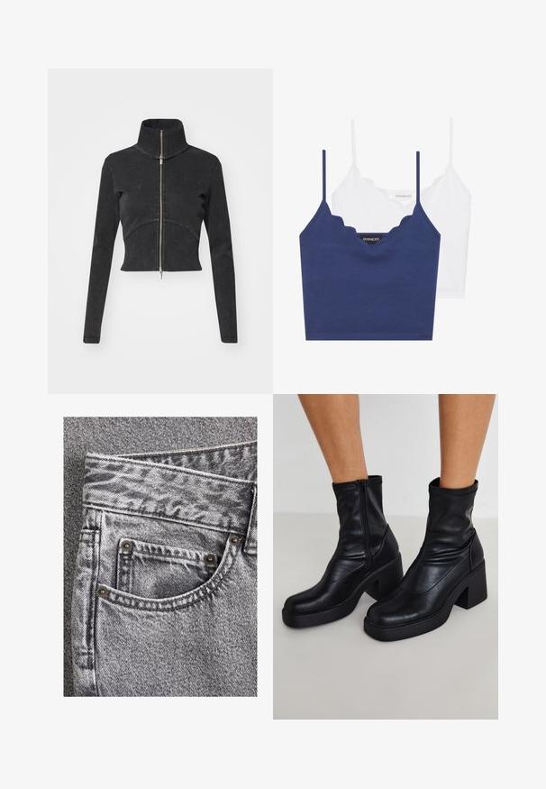 Cropped black denim jacket with a high collar, full zipper, and long sleeves. Features a curved seam design and subtle texture.; Navy and white cotton bralette set with scalloped neckline, thin adjustable straps, and a fitted design. Logo tag on inner side of the navy piece.; Gray denim jeans with a textured finish, featuring a front pocket with metal rivets and contrasting stitching along the seams.; Black leather ankle boots with a high block heel, featuring a side zipper, smooth texture, and a tapered toe design.