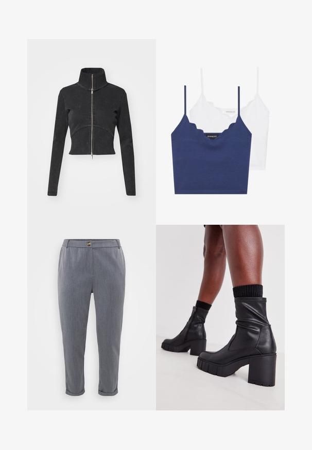 Skrajšana črna denim jakna z visokim ovratnikom, polnim zadrgo in dolgimi rokavi. Ima oblikovan šiv in subtilno teksturo.; Mornarsko modra in bela bombažna modra braletka z valovitim dekoltejem, tankimi nastavljivimi naramnicami in prilegajočim dizajnom. Oznaka z logotipom na notranji strani mornarsko modrega kosa.; Sive krojene hlače s gladkim tkanim vzorcem, zapetimi robovi, sprednjimi žepi in gumbom za zapiranje v pasu.; Črne usnjene gležnjarje z nagubanim dizajnom, debelim visokim petam in teksturiranim gumijastim podplatom. Imajo zadrgo na strani.