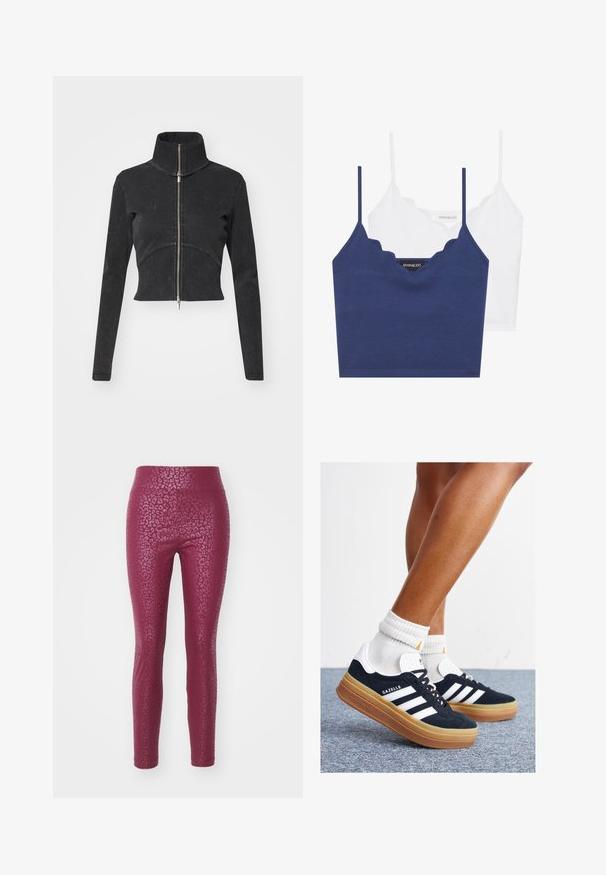Przycięta czarna kurtka dżinsowa z wysokim kołnierzem, pełnym zamkiem i długimi rękawami. Posiada krzywą linię szwu i subtelną fakturę.; Niebieski i biały bawełniany zestaw biustonosza z falbaniastym dekoltem, cienkimi regulowanymi ramiączkami oraz dopasowanym krojem. Metka z logo po wewnętrznej stronie niebieskiej części.; Dopasowane legginsy w kolorze burgundowym z teksturowanym wzorem w panterkę, z wysokim stanem i gładkim wykończeniem.; Czarne zamszowe trampki z białymi paskami i akcentami, zaokrąglonym noskiem, gumową podeszwą w kolorze jasno-brązowym, zestawione z białymi żebrowanymi skarpetkami do kostki.
