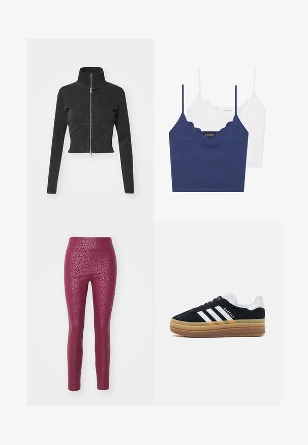 Rövidített fekete farmerdzseki magas gallérral, teljes cipzárral és hosszú ujjal. Ívelt varrásdizájn és finom textúra jellemzi.; Tengerészkék és fehér pamut melltartó szett fodrozott nyakkivágással, vékony állítható pántokkal és testhez simuló fazonnal. Logócímke a tengerészkék rész belső oldalán.; Burgundi színű, testhezálló leggings, amely texturált leopárd mintázattal rendelkezik, magas derekú és sima felületű.; Fekete velúr sportcipő fehér részletekkel és három csíkkal, texturált fehér sarokkal, gumitalppal és "Gazelle" felirattal.