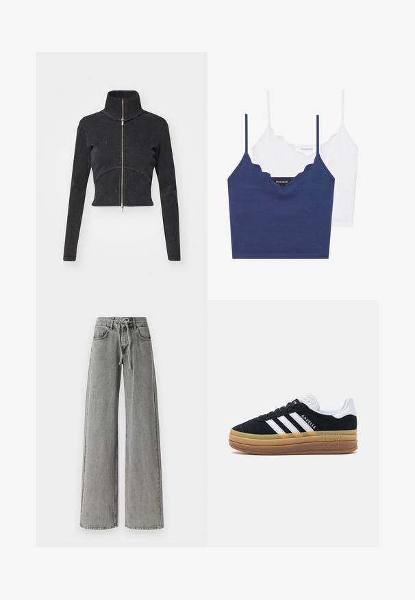 Lühendatud must denimpusa kõrge kraega, täispikkuse tõmblukuga ja pikkade varrukatega. Omab kõverat õmbluse disaini ja peent tekstuuri.; Sinine ja valge puuvillane rinnahoidja komplekt, millel on laineline kaelus, õhukesed reguleeritavad rihmad ja istuv disain. Logo silt sinise detaili sisepinnal.; Laiad hallid teksad, mis on valmistatud denimist, esikülje sidumisega, kahe külgtaskuga ja kulunud viimistlusega. Puhtad jooned minimaalse õmblusega.; Must mustrepp jalanõud musta nahaga ja valgete aktsentidega, millel on kolm triipu, tekstureeritud valge konts, kummist tallad ja "Gazelle" bränding.