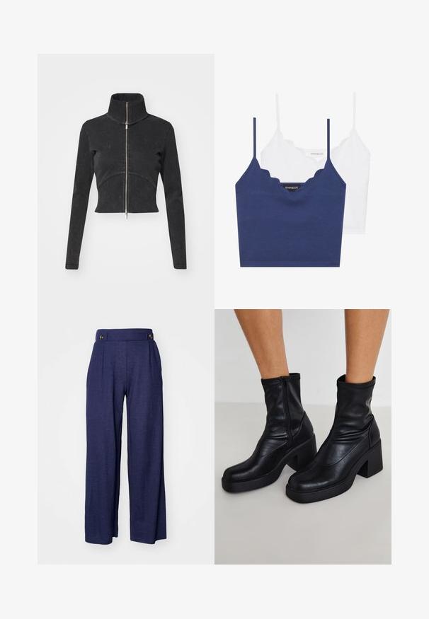 Skraćena crna traper jakna s visokim ovratnikom, punim zatvaračem i dugim rukavima. Ima dizajn zakrivljenih šavova i suptilnu teksturu.; Set od pamuka u mornarsko plavoj i bijeloj boji s valovitim izrezom, tankim podesivim naramenicama i prilegajućim dizajnom. Oznaka s logotipom na unutarnjoj strani mornarsko plavog dijela.; Tamnoplave široke hlače izrađene od mekog materijala, s plisirima i dva prednja dugmeta na pojasu za dodatne detalje.; Crne kožne gležnjače s visokim blok petama, koje imaju bočni zip, glatku teksturu i suženi oblik prsta.