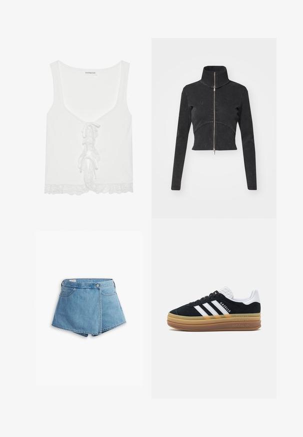 Jachetă din denim negru, tăiată, cu guler înalt, fermoar complet și mâneci lungi. Oferă un design cu cusături curbe și o textură subtilă.; Top din bumbac alb cu model texturat, având guler în V, detaliu cu șiret în față și dantelă la margine. Fabricat dintr-un material moale, cu un design ajustat.; Shorts din denim de culoare albastru deschis, cu un design înfășurat, buzunare frontale și închidere cu un buton metalic. Textură netedă cu margini cusute.; Tenis cu blăniță neagră, cu accente albe și trei dungi, având un toc alb texturat, talpă din cauciuc și branding "Gazelle".