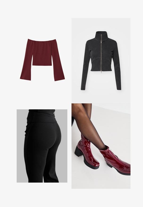 Geschnittene schwarze Jeansjacke mit hohem Kragen, vollem Reißverschluss und langen Ärmeln. Verfügt über ein gewelltes Nahtdesign und subtile Textur.; Hüftfreies Oberteil mit schulterfreiem Design in tiefburgunderrot, langen, weiten Glockenärmeln und geradem Ausschnitt.; Schwarze, gerippte Leggings mit hohem Bund, figurbetonter Form und glatter Textur. Mit dezentem Hardware-Detail am Bund.; Rote Lackleder-Ankle Boots mit einem klobigen schwarzen Absatz und Reißverschlussdetails. Glatte Textur, elegantes Design mit runder Zehenpartie.