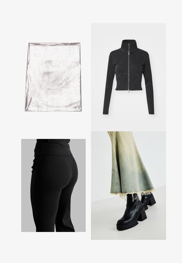 Izgriezta melna džinsu jaka ar augstu apkakli, pilnu rāvējslēdzēju un garām piedurknēm. Iezīmējas ar izliekto šuvju dizainu un smalku tekstūru.; Metāliskas sudraba audums ar gludu tekstūru un nedaudz spīdumu. Taisnstūra forma, malas kārtīgi šūtas, bez izteiktiem rakstiem vai akcentiem.; Melni ribētu legingi ar augstu jostasvietu, pieguļošu formu un gludu tekstūru. Iekļauti smalki detaļas pie jostasvietas.; Melnas ādas potītes zābaki ar masīvu faktūru zoli, kopā ar izbalējušu džinsa svārku ar saplēstiem galiem. Sānos ir rāvējslēdzēja detaļa.