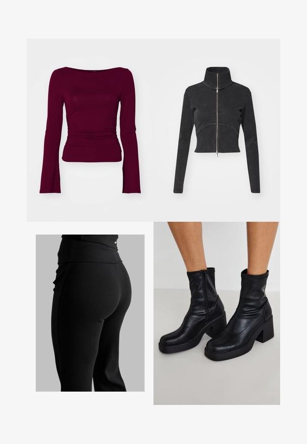 Pasukta juoda džinsinė striukė su aukšta apykakle, visišku užtrauktuku ir ilgomis rankovėmis. Pasižymi kreivų siūlių dizainu ir subtiliu tekstūriškumu.; Gina Tricot SOFT TOUCH BOATNECK TOP - Ilgarankovis viršutinės dalies drabužis - zinfandel; Juodos su veliūro raštuodžiais antblauzdžiai su aukšta juosmens juostele, prilimpa prie kūno ir turi lygų paviršių. Juosmens juostoje yra subtili detalė.; Juodos odinės kotarinės botinai su aukštu blokuotu kulnu, šonu užtrauktuku, lygiu paviršiumi ir siaurėjantįjį plyšį dizainu.