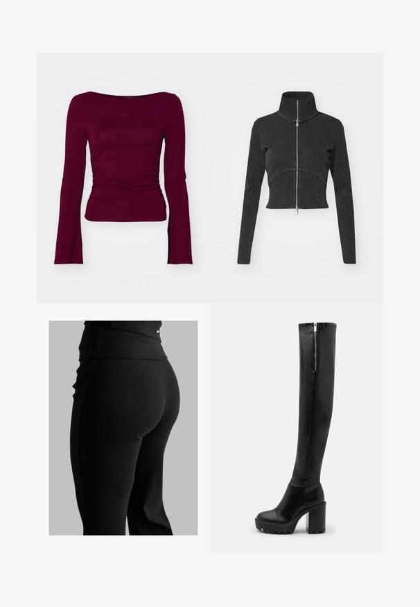 Rövidített fekete farmerdzseki magas gallérral, teljes cipzárral és hosszú ujjal. Ívelt varrásdizájn és finom textúra jellemzi.; Gina Tricot SOFT TOUCH BOATNECK TOP - Hosszú ujjú felső - zinfandel; Fekete bordás leggings, magas derékkal, testhez simuló formával és sima textúrával. Diszkrét hardware részlet a derékrészen.; Even&Odd Magassarkú csizmák - black