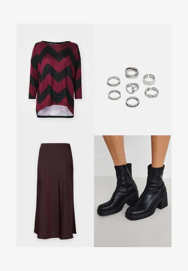Pasukta juoda džinsinė striukė su aukšta apykakle, visišku užtrauktuku ir ilgomis rankovėmis. Pasižymi kreivų siūlių dizainu ir subtiliu tekstūriškumu.; Raudonas ir juodas chevron rašto per didelis marškinis su laivų iškirpte, trijų ketvirčių rankovėmis ir aukštu-žemu hemu. Minkšta mezgimo medžiaga.; Bordo satino midi sijonas su lygiu paviršiumi, tiesiu siluetu ir šiek tiek platėjančiu apmušalu. Nėra matomų raštų ar detalių.; Juodos odinės kotarinės botinai su aukštu blokuotu kulnu, šonu užtrauktuku, lygiu paviršiumi ir siaurėjantįjį plyšį dizainu.; Septyni sidabriniai žiedai, nusprendti įvairiais dizainais, įskaitant susuktus, susietus ir raižytus raštus. Skirtingos formos ir pločiai.