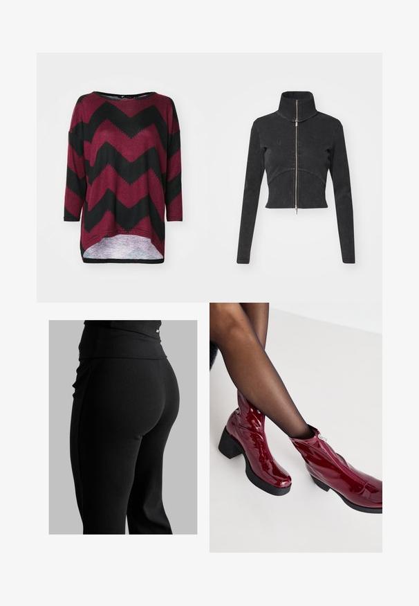 Geknipte zwarte denimjasje met hoge kraag, volledige rits en lange mouwen. Bevat een gebogen naadontwerp en subtiele textuur.; Rood en zwart chevronpatroon oversized blouse met een boot-halslijn, driekwart mouwen en een hoge-lage zoomdesign. Zachte gebreide stof.; Zwarte geribde leggings met een hoge tailleband, een strak gevormde pasvorm en een gladde textuur. Bevat subtiele hardwaredetails op de tailleband.; Rode lakleren enkellaarzen met een stevige zwarte hak en ritsdetails. Gladde textuur, strak ontwerp met een ronde neus.