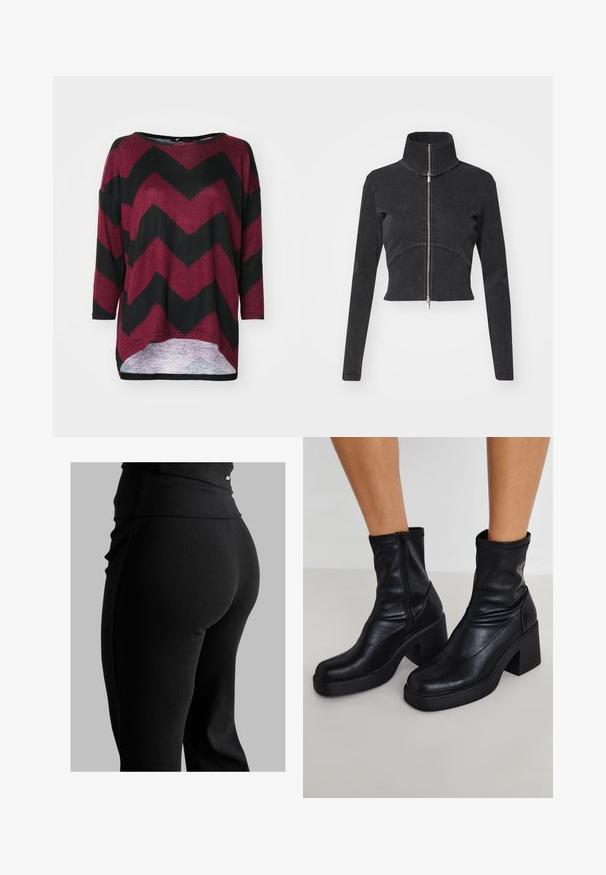 Geknipte zwarte denimjasje met hoge kraag, volledige rits en lange mouwen. Bevat een gebogen naadontwerp en subtiele textuur.; Rood en zwart chevronpatroon oversized blouse met een boot-halslijn, driekwart mouwen en een hoge-lage zoomdesign. Zachte gebreide stof.; Zwarte geribde leggings met een hoge tailleband, een strak gevormde pasvorm en een gladde textuur. Bevat subtiele hardwaredetails op de tailleband.; Zwarte leren enkellaarsjes met een hoge blokhak, voorzien van een zijrits, een zachte textuur en een taps toelopende tekening.