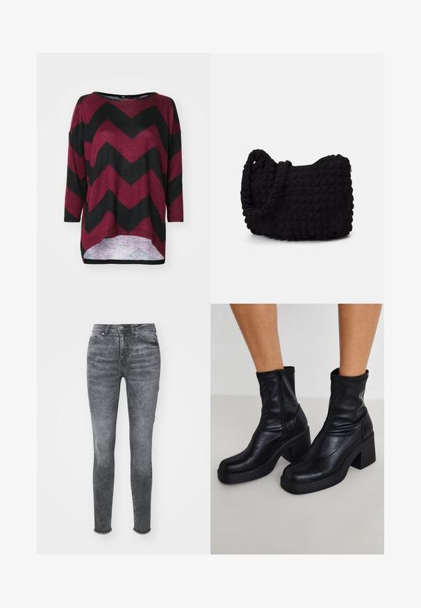 Rövidített fekete farmerdzseki magas gallérral, teljes cipzárral és hosszú ujjal. Ívelt varrásdizájn és finom textúra jellemzi.; Piros és fekete chevron mintás, oversize ing, csónaknyakkivágással, háromnegyedes ujjal és magas-alacsony hem kialakítással. Puha kötött anyag.; Feszes farmernadrág fakuló szürke árnyalatban, magas derekú, gombos záródással és szakadt szegéllyel. Finoman texturált farmer anyagból készült.; Fekete bőr bokacsizma magas blokk sarkakkal, oldalsó cipzárral, sima textúrával és hegyes orrformával.; Fekete szövet táska texturált, steppelt mintával. Kerek formájú, rövid, vastag fogantyúkkal és puha, rugalmas szerkezettel.
